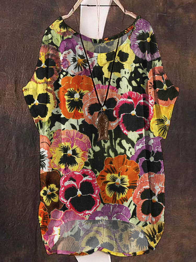 Vintage Boho Floral Print Women's Linen Flowy Blouse artswardrobe