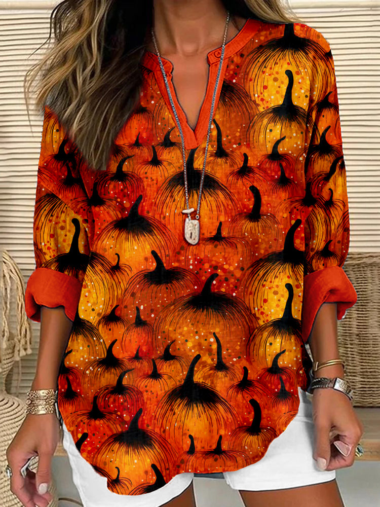Haloween Pumpkin Pattern Linen Blend Shirt artswardrobe