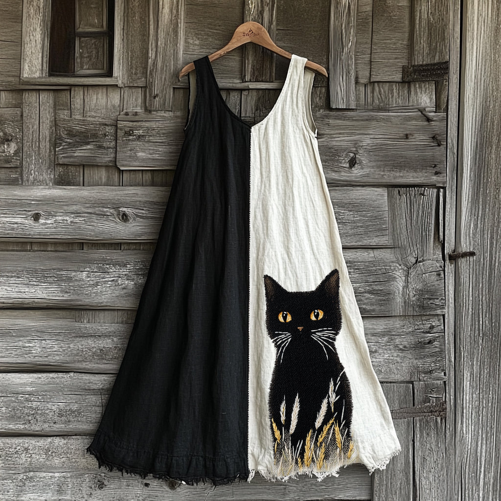 Cute Black Cat Contrasting Colors Linen Contrast Color Tank Dress artswardrobe