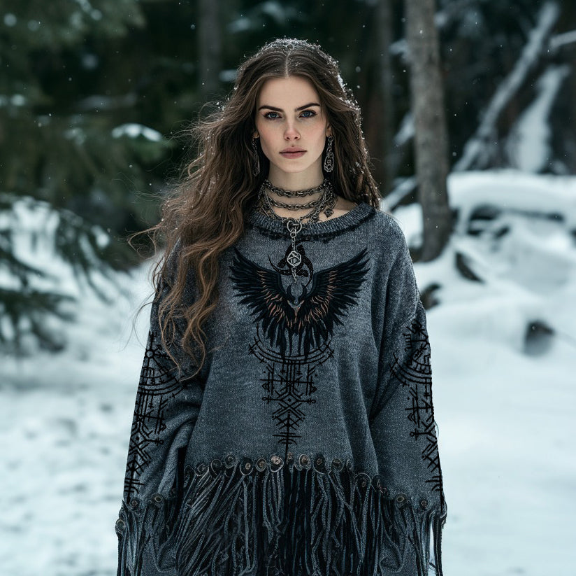 Women's Tribal Viking Runes Bird Graphics Embroidery Tassel Art Knit Sweater artswardrobe