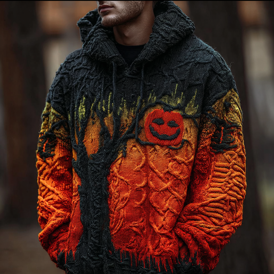 Halloween Pumpkin Element Gradient Color Men's Hooded Knit Sweater artswardrobe