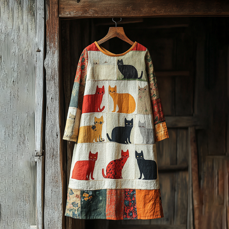 Pop Art Cute Cat Patchwork Design Cotton Linen Dress elevenforest