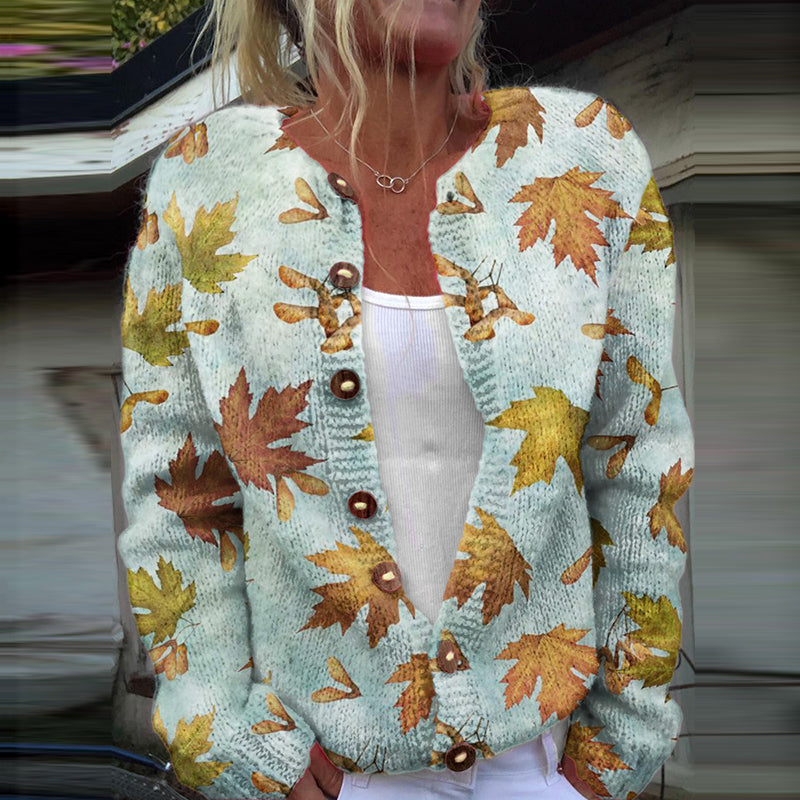 Maple Leaf Print Long Sleeved Knitted Cardigan artswardrobe