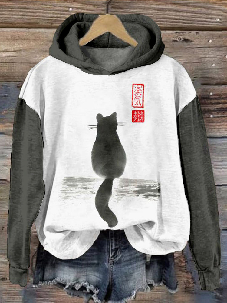 Japanese Cat Art Contrast Color Comfy Hoodie elevenforest