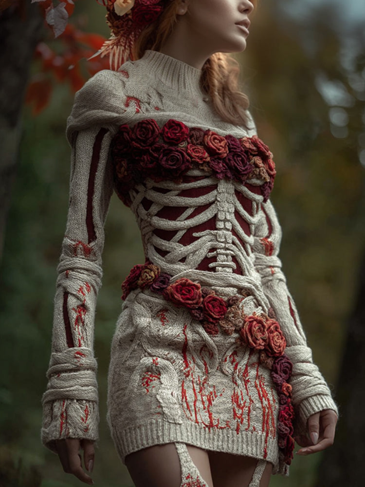 Women Halloween Skeleton And Rose Red Skirt artswardrobe