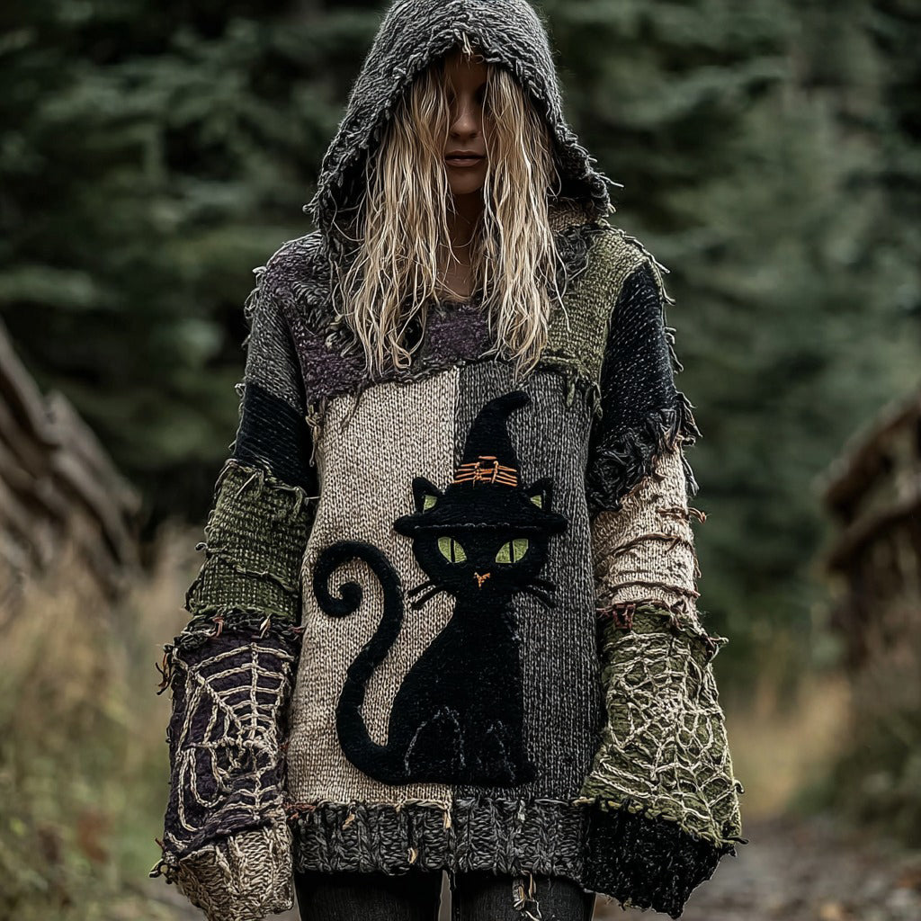 Halloween Scared Black Cat Patchwork Stitched Cozy Knit Hooded elevenforest
