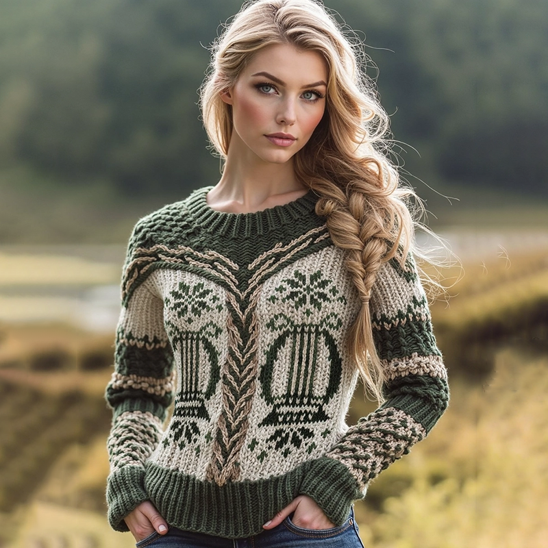 Women's Irish Harp Jacquard Crew Neck Contrast Aran Sweater elevenforest