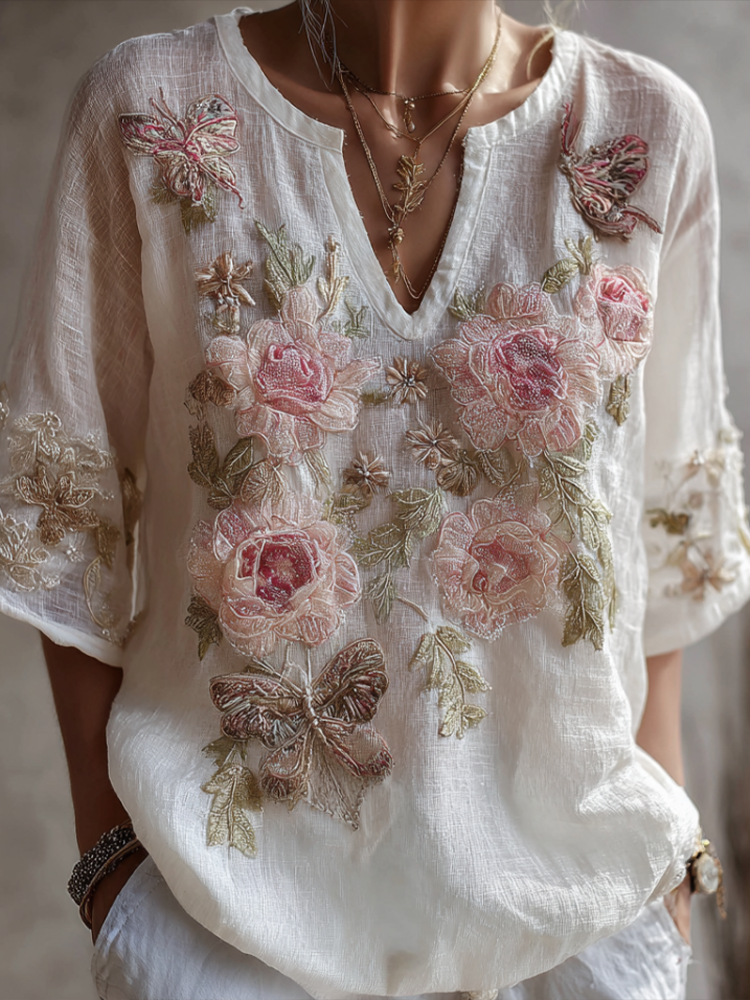 Comstylish Bohemian Style V-neck Butterfly And Flower Embroidery Cotton And Linen Top