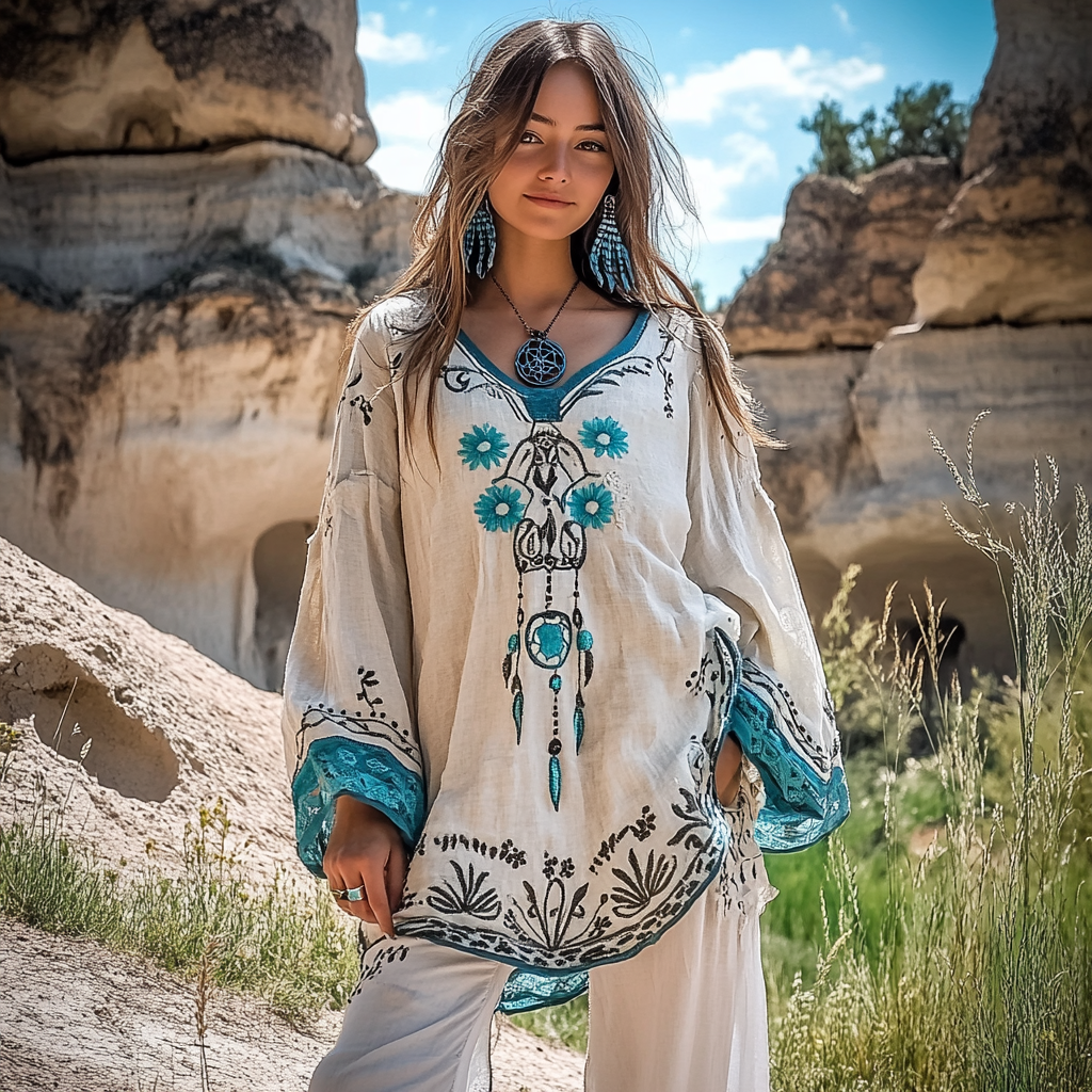 Comstylish Vintage Tribal Dreamcatcher Tassel Embroidered Linen Tunic Shirt