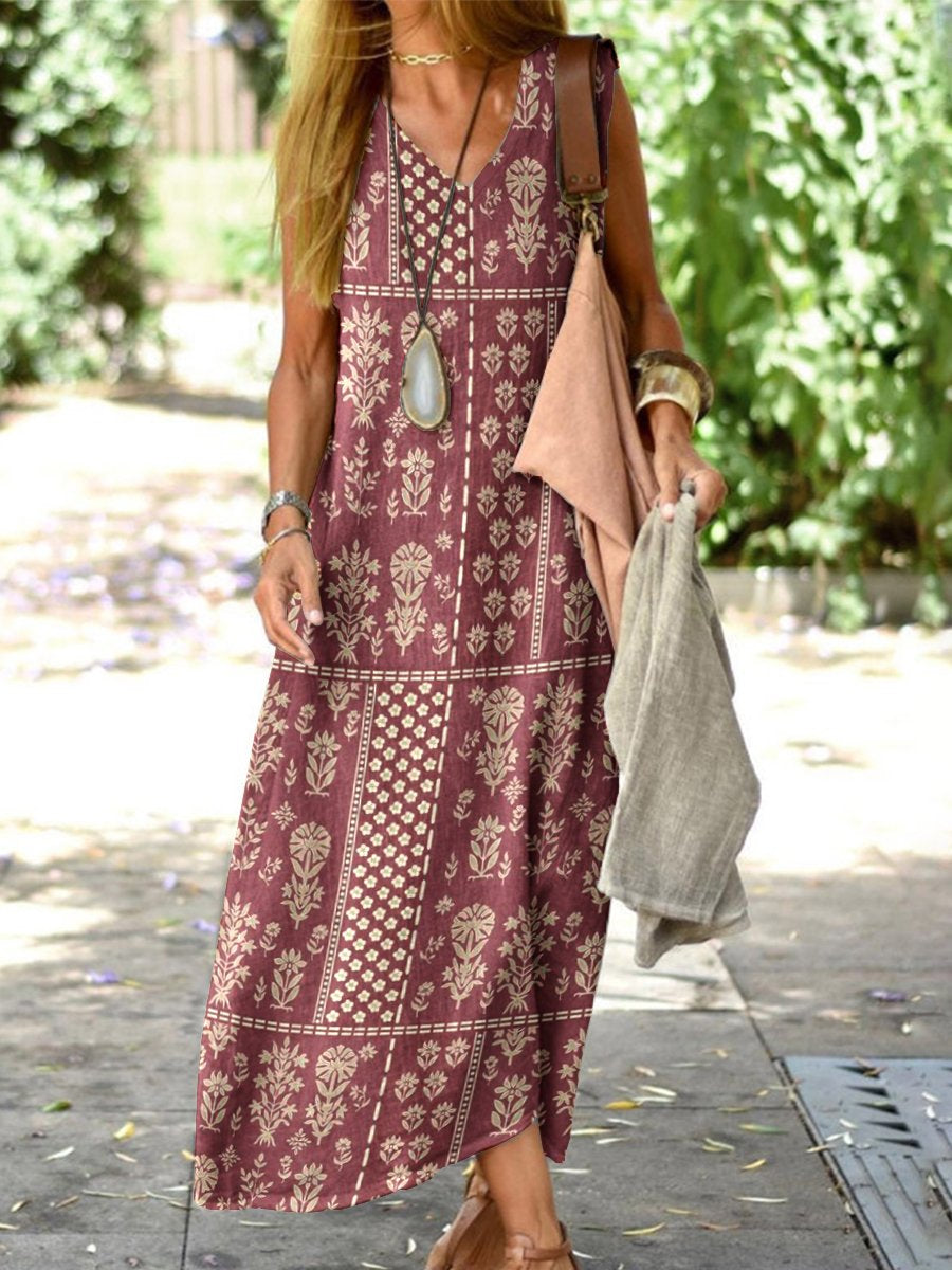 Women's Elegant Geometric Retro Pattern Cotton and Linen Loose Vest Cotton and Linen Dress