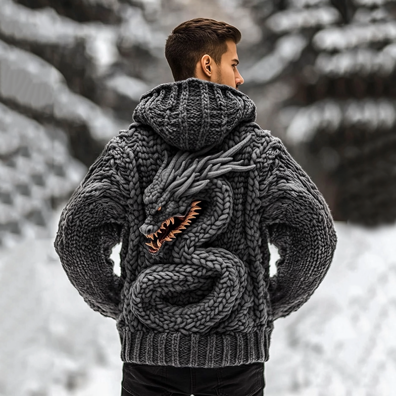 Men's Viking Tribal Dragon Jacquard Celtic Inspired Cozy Hooded Sweater artswardrobe