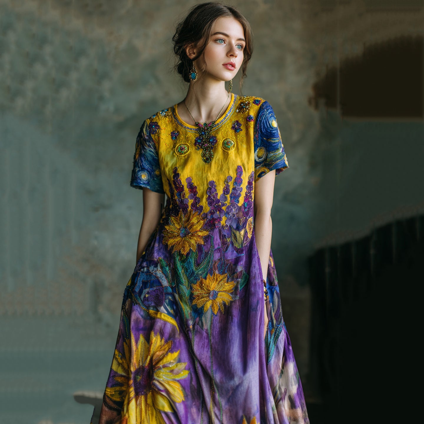 Lavender Starry Sky Oil Painting Print Linen Maxi Dress artswardrobe