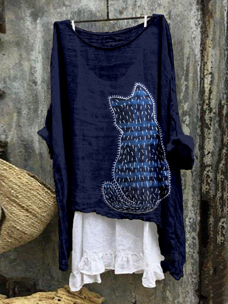 Cute Cat Japanese Art Embroidered Linen Blend Tunic
