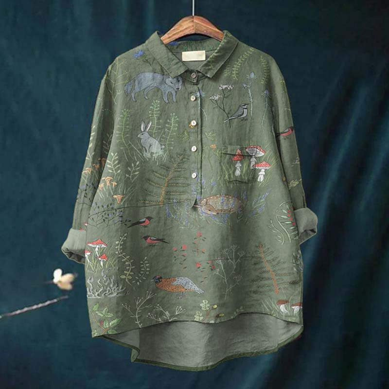 Comstylish Vintage Forest Art Print Casual Cotton Linen Shirt