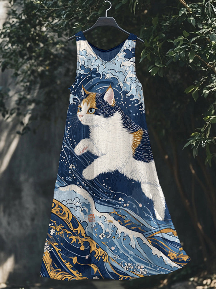 Cat Riding Ocean Wave Japanese Art Linen Maxi Dress elevenforest