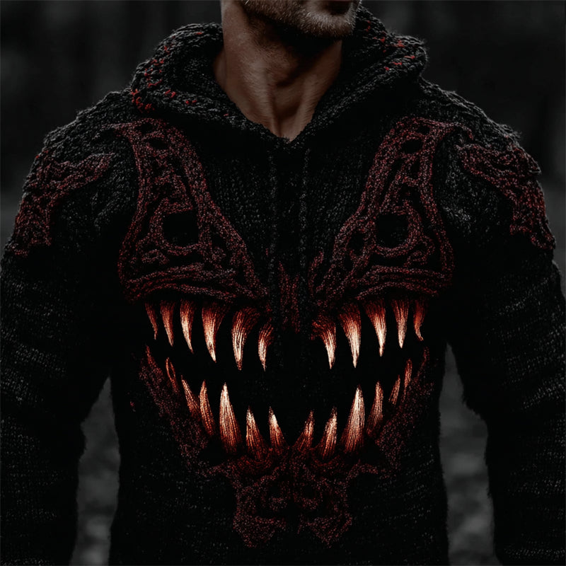 Men's Halloween Fangs Monster Face Celtic Cozy Knit Hooded Sweater artswardrobe