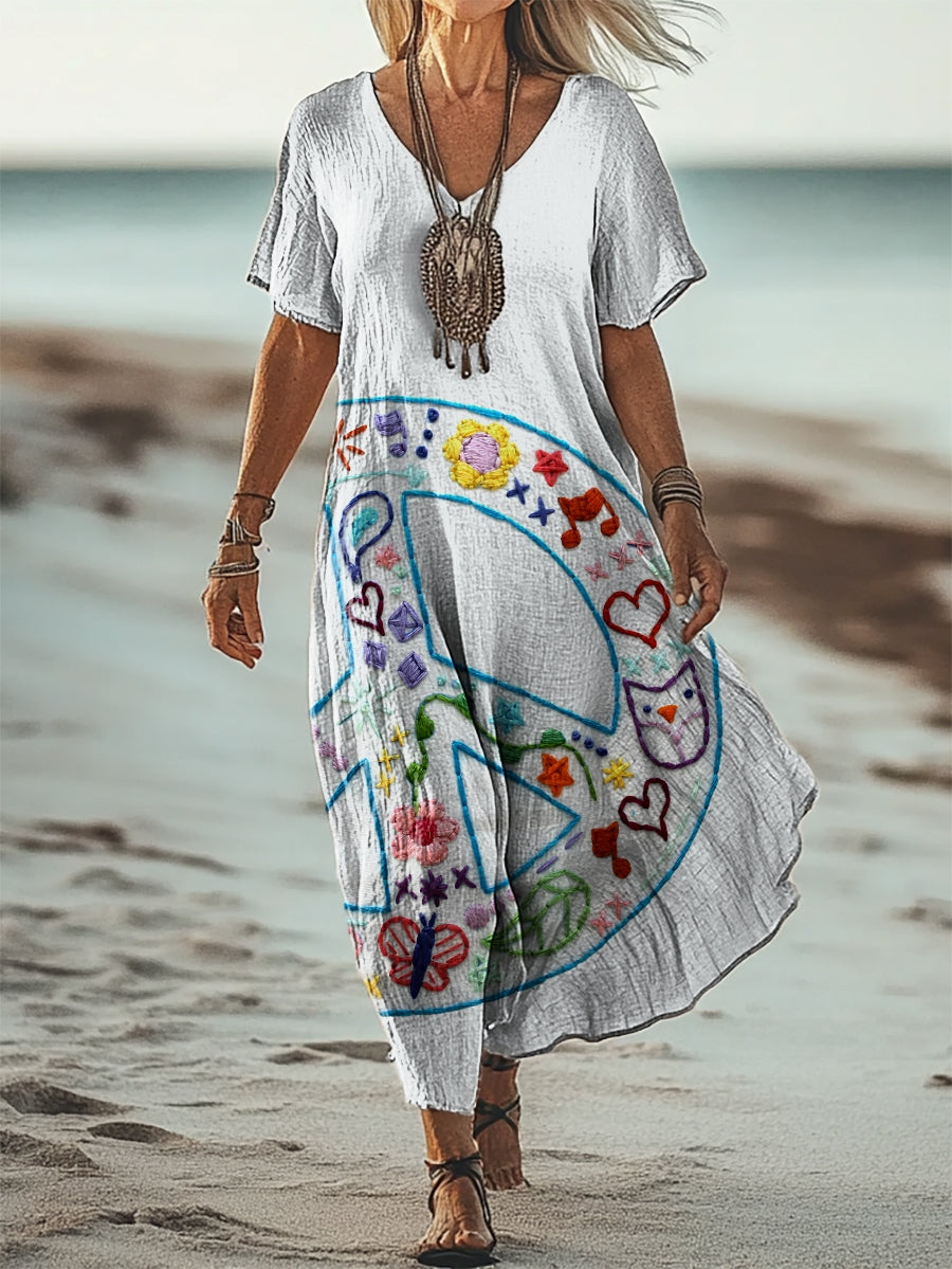 Women's Hippie Peace Collage Art Print Short Sleeve Pocket Cotton Line