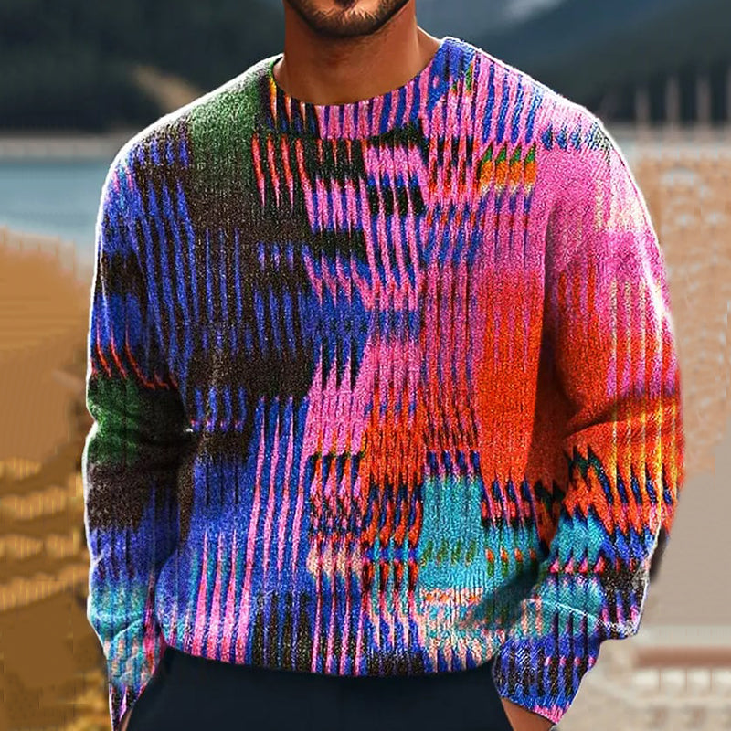 Men's Vintage Gradient Color Block Art Knitted Crew Neck Sweater artswardrobe