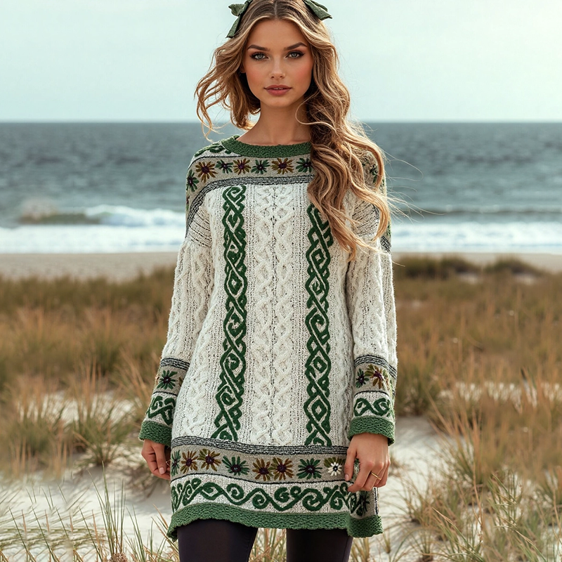 Irish Contrast Jacquard Cozy Knit Sweater Dress artswardrobe