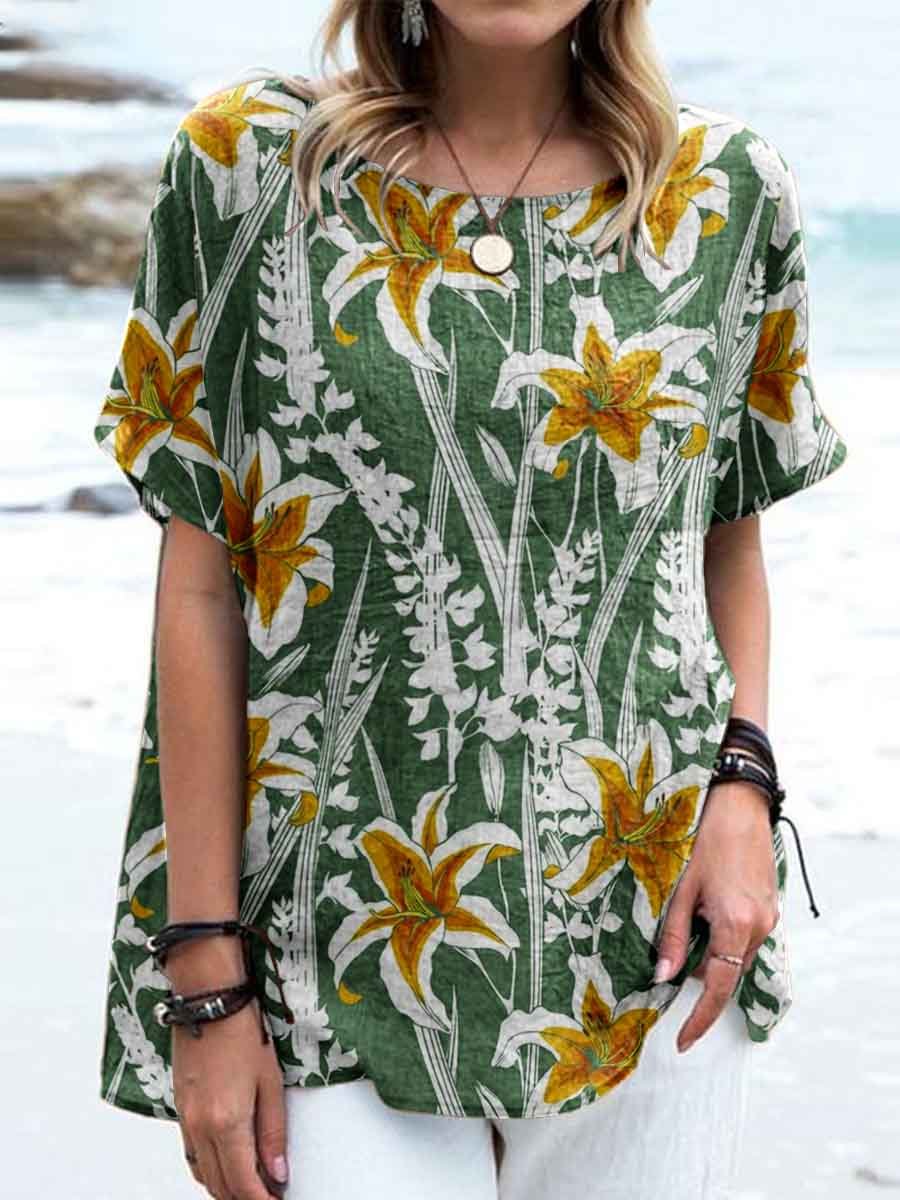 Women's Elegant Floral Round Neck Cotton and Linen Top