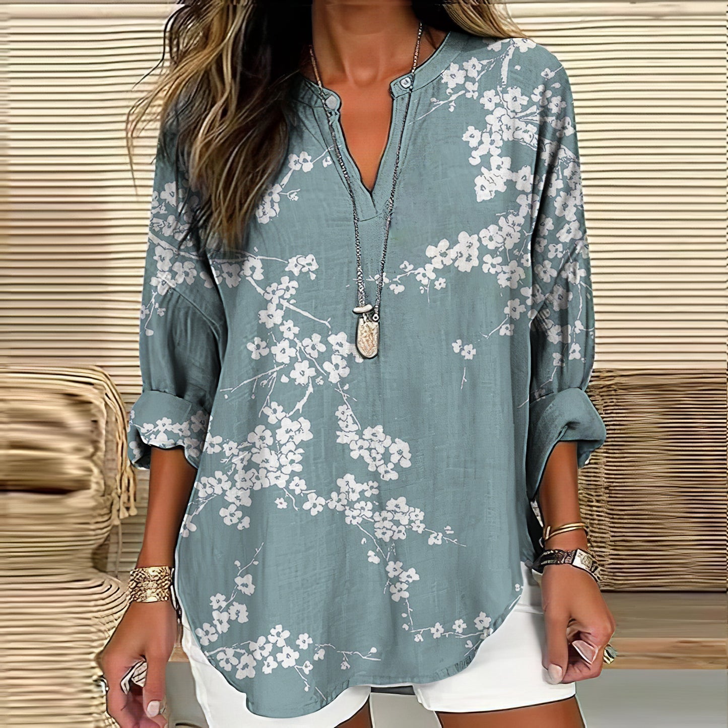 Comstylish Cherry Blossom Japanese Art Linen Blend Tunic