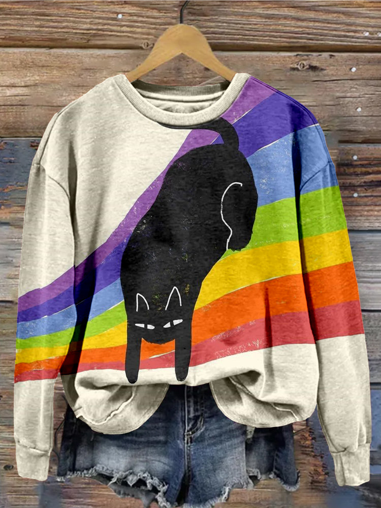 Comstylish Rainbow Cat Art Print Vintage Cozy Sweatshirt