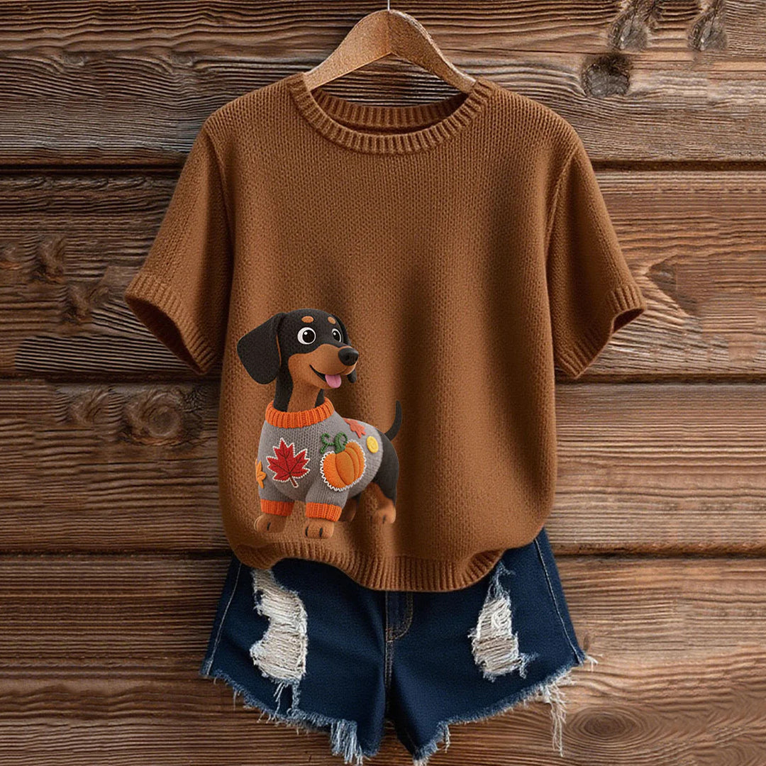 Vintage Dachshund With Felt In Autumn Inspired Embroidered Short Sleeve Cozy Knit Sweater artswardrobe