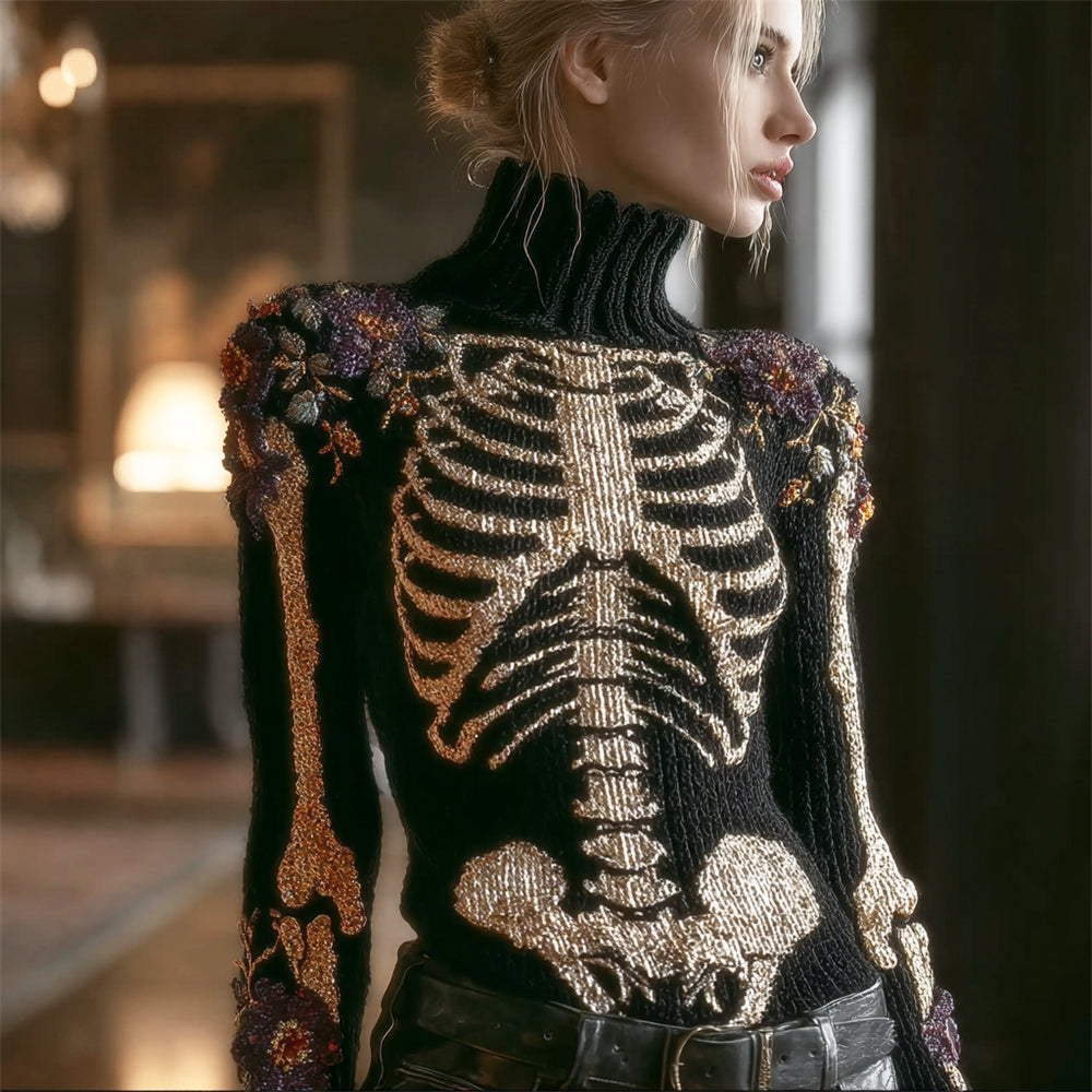 Skeleton & Floral Women's High-neck Knit Sweater artswardrobe