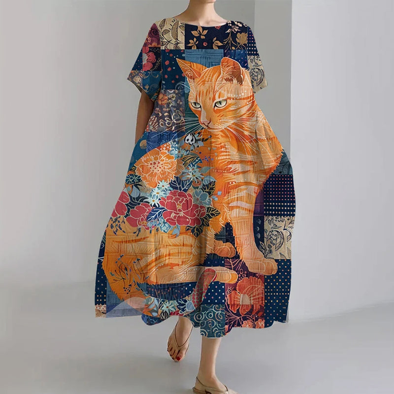 Comstylish Women's Japanese Cat Art Print Casual Loose Short Sleeve Midi Dress