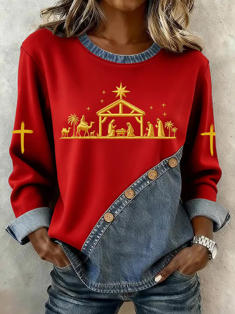 Comstylish Women's Nativity Print Button-up Sweatshirt