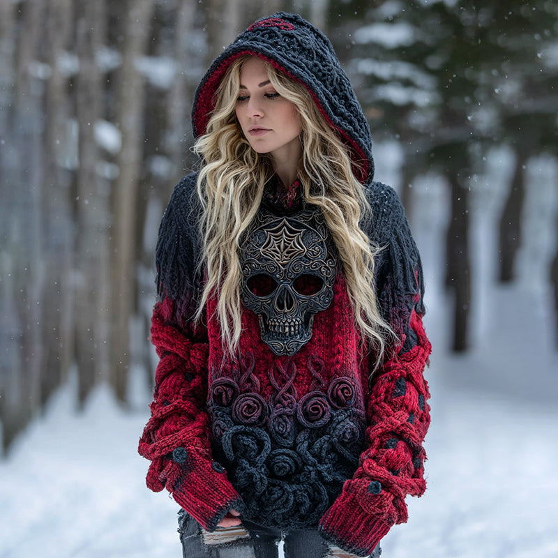 Women's Rose And Skull Inspired Chunky Knit Hooded Sweater artswardrobe