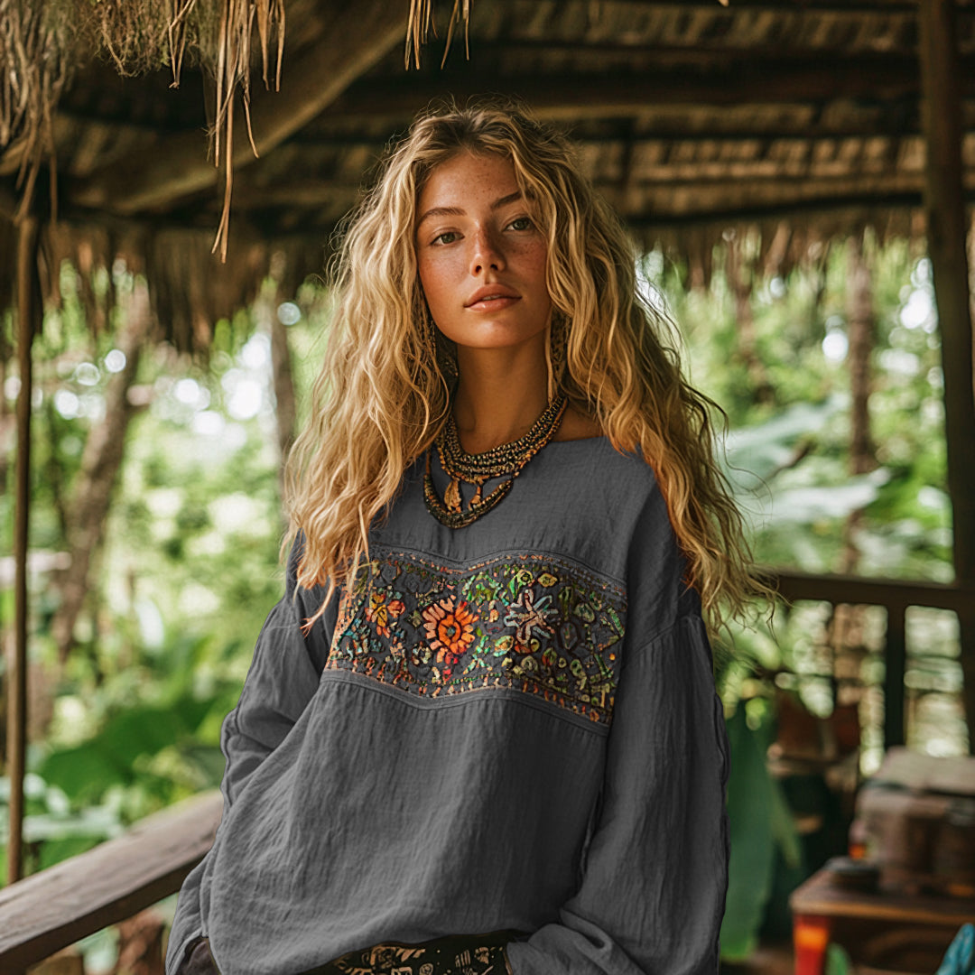 Comstylish Retro Bohemian Art Embroidery Print Cotton And Linen Blend Loose Blouse