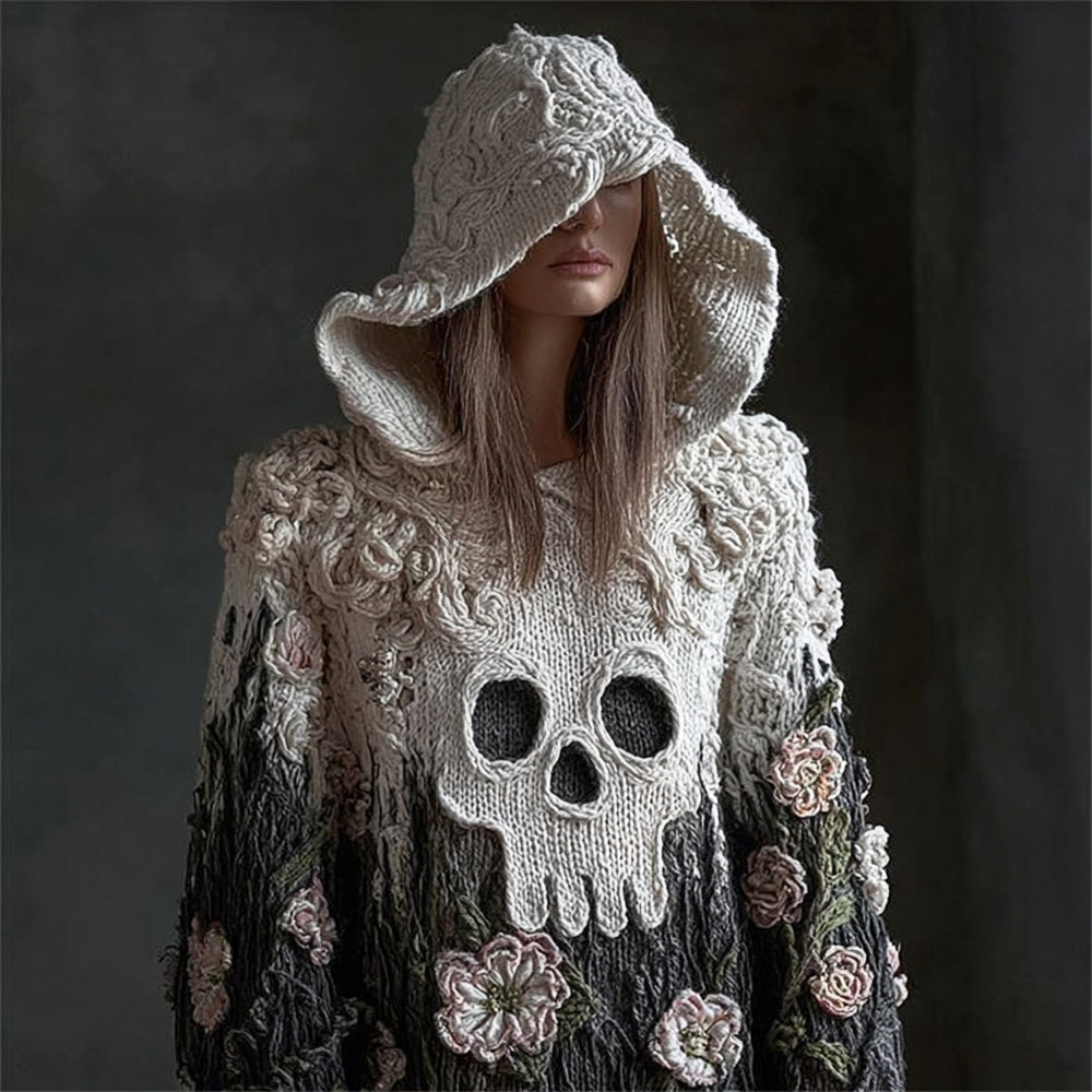 Comstylish Halloween Ghost Skull Face Floral Art Women's Gradient Knit Hoodie