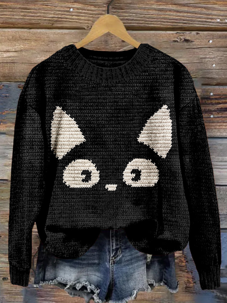 Cute Cat Face Pattern Cozy Knit Sweater elevenforest