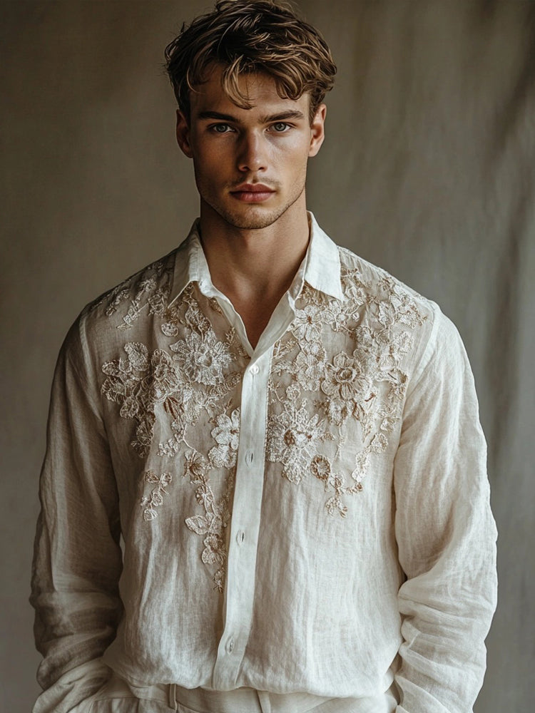 Men's Floral Lace Embroidered Linen Comfy Blouse artswardrobe
