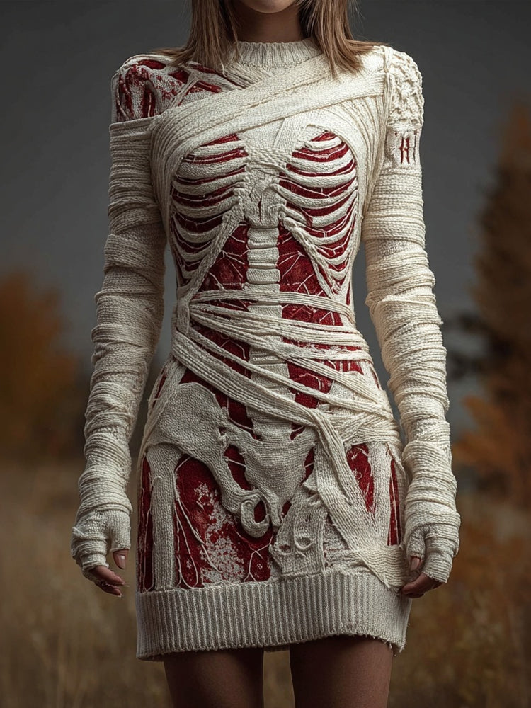 Vintage Halloween Skeleton Bandage Art Cozy Sweater Dress artswardrobe