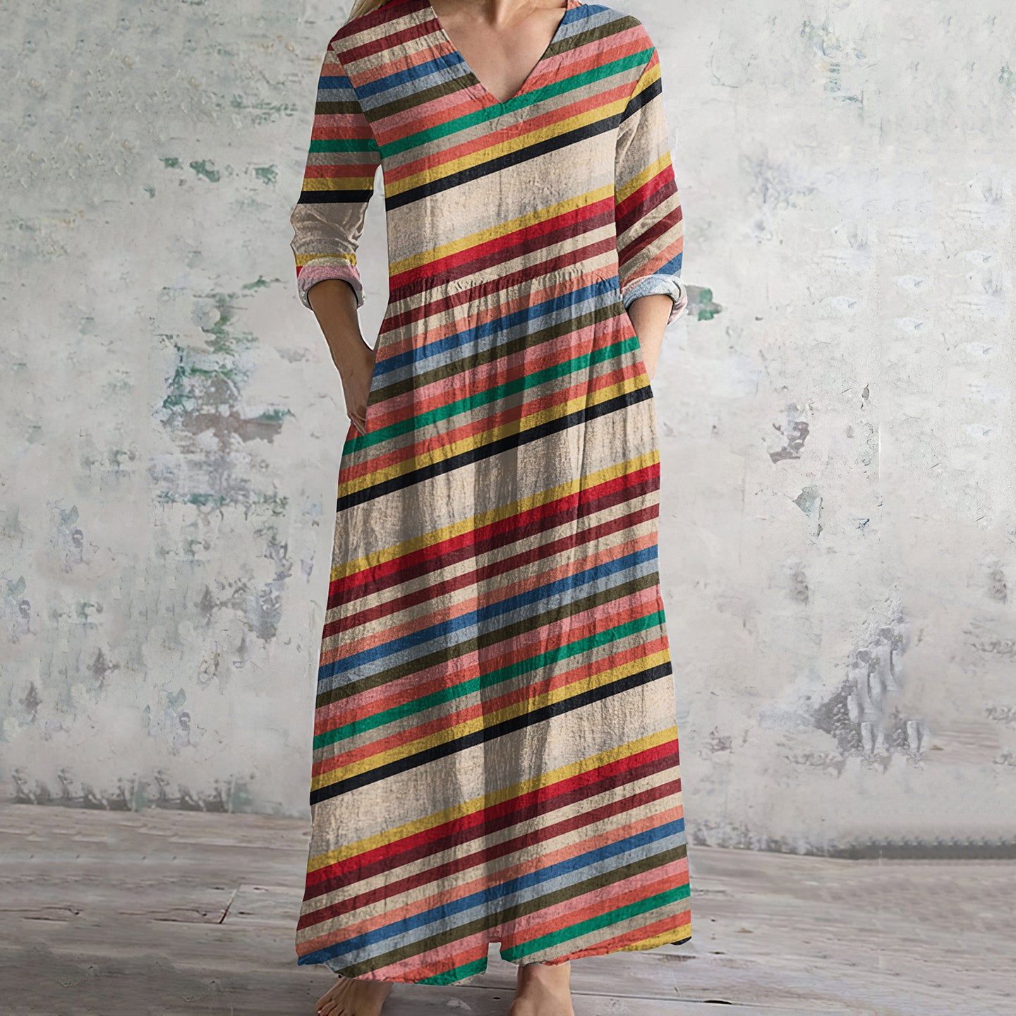 Color Stripes Print V-neck Linen Blend Midi Dress artswardrobe