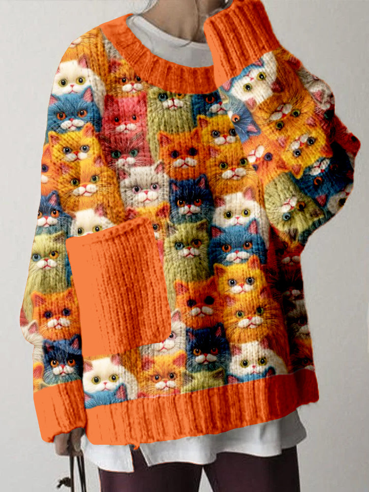Cute Fuzzy Crowded Cats Embroidered Big Pocket Cozy Sweater elevenforest