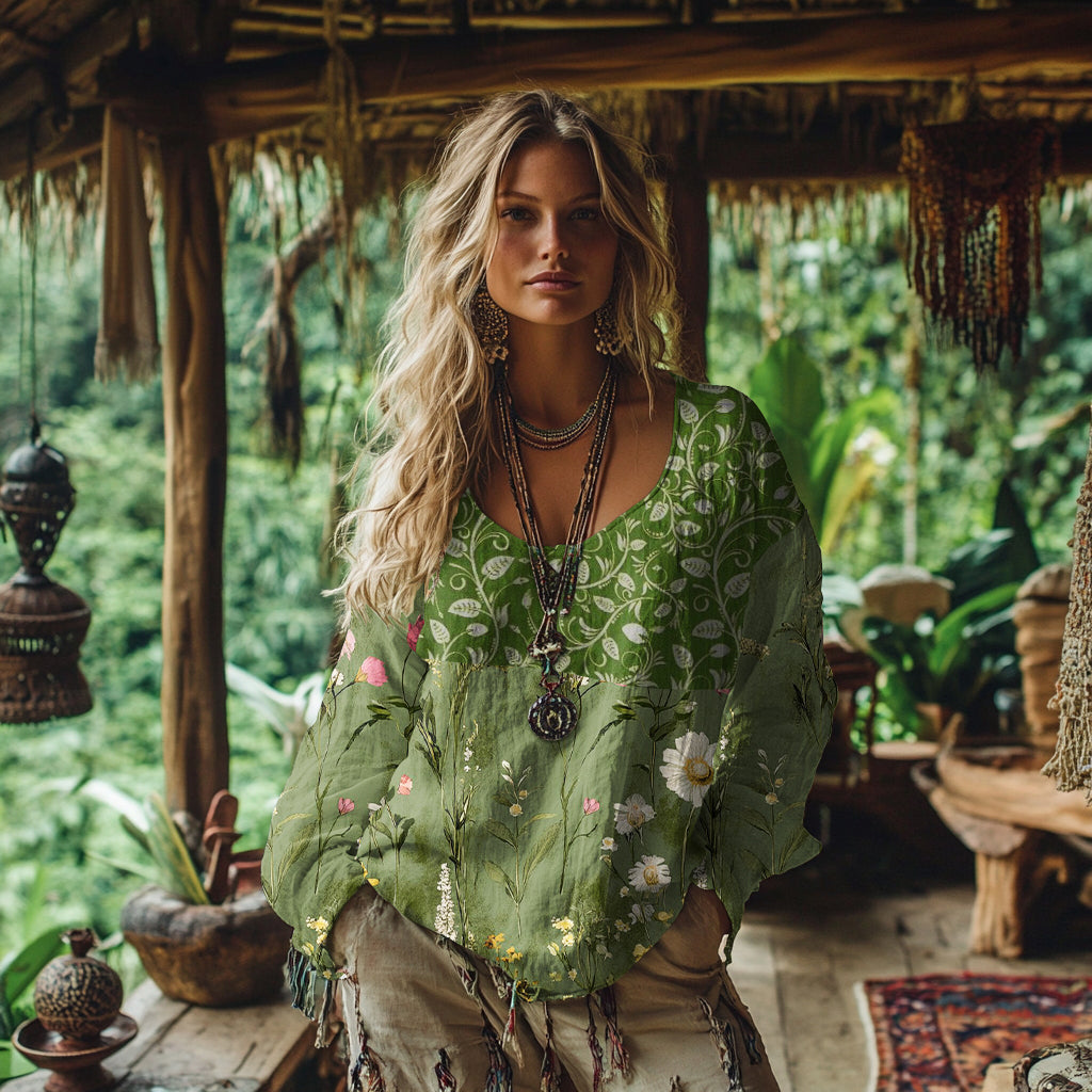 Women's Floral Casual Linen Shirt artswardrobe