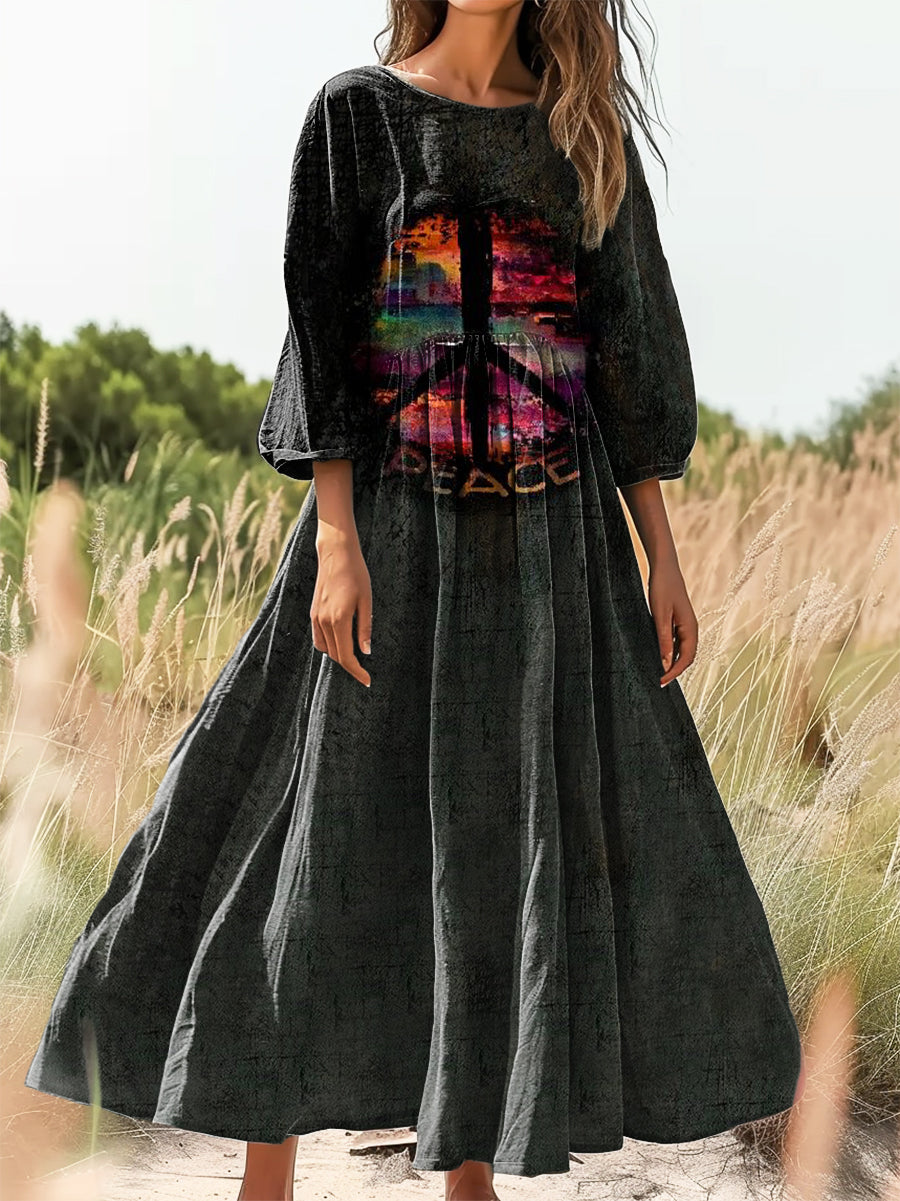 Women's Hippie Peace Art Print Flowy Cotton Crew Neck Dress