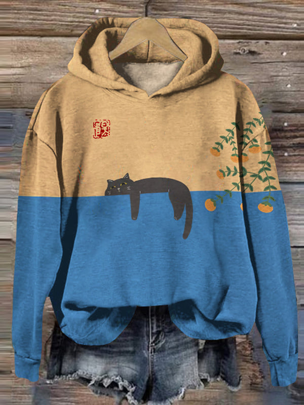 Abstract Creative Lazy Black Cat Painting Art Print Hoodie elevenforest