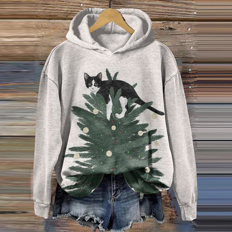 Retro Naughty Cat On The Christmas Tree Print Hoodie elevenforest