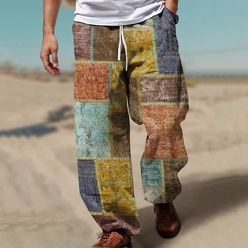 Vintage Geometric Color Block Art Graphic Linen Pants artswardrobe