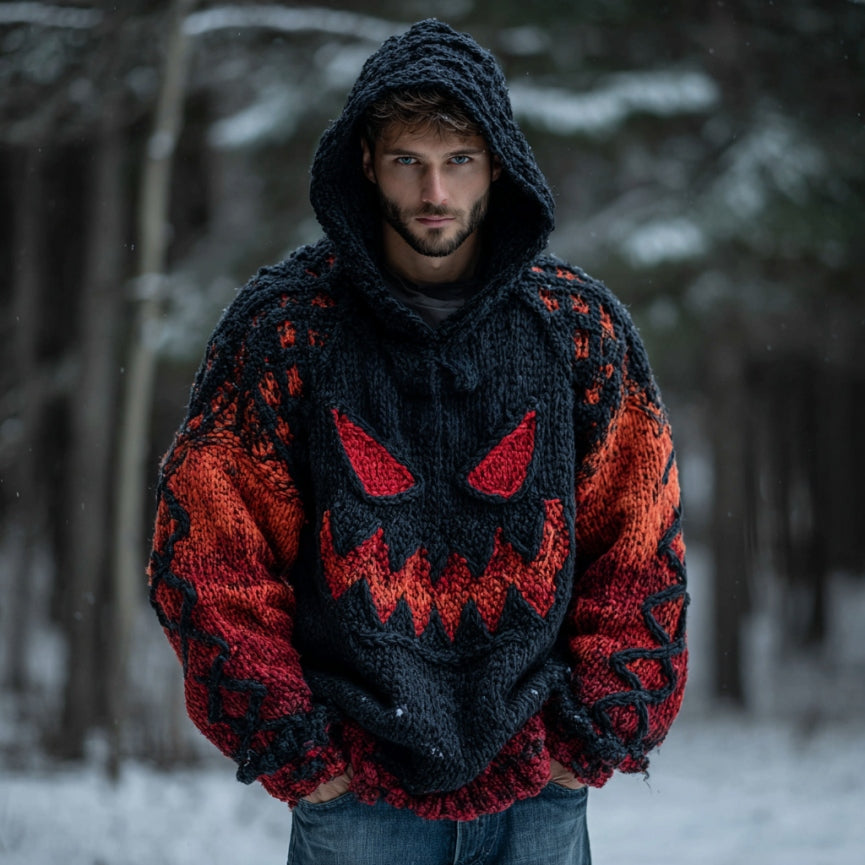 Men's Halloween Spooky Face Gradient Art Knitted Cozy Hooded Sweater elevenforest