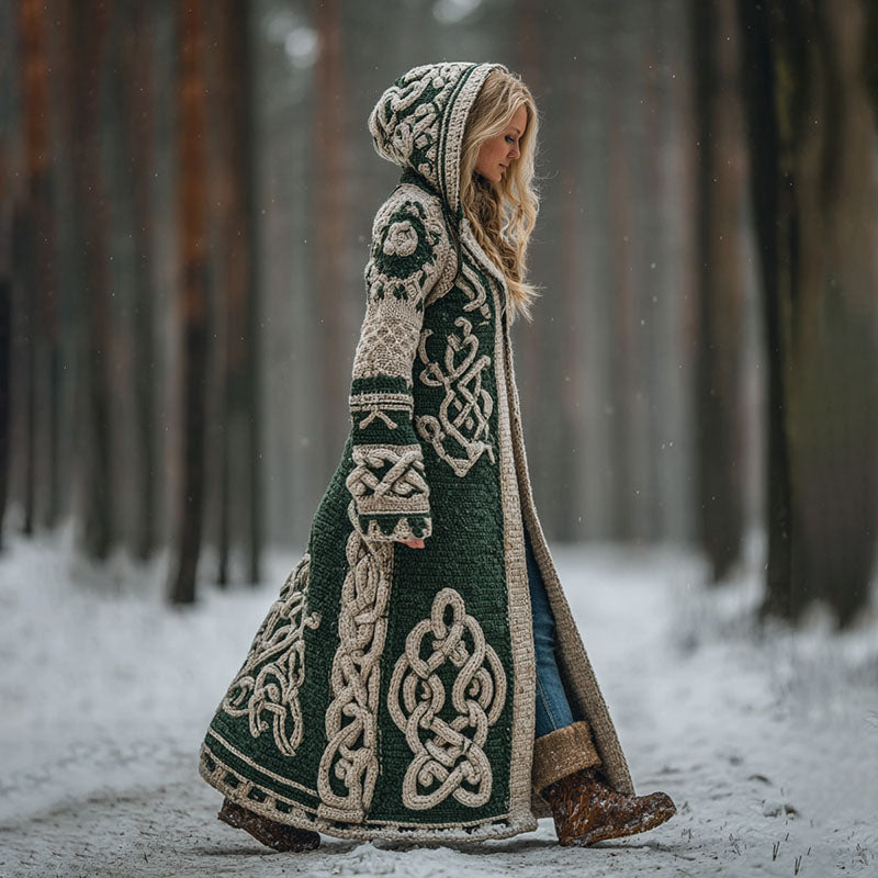 Women's Viking Celtic Knot Chunky Hooded Long Cardigan artswardrobe