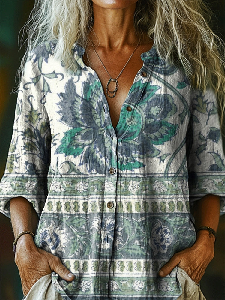 Women's Vintage Ethnic Floral Tattoo Pattern Art Print Casual Cotton L