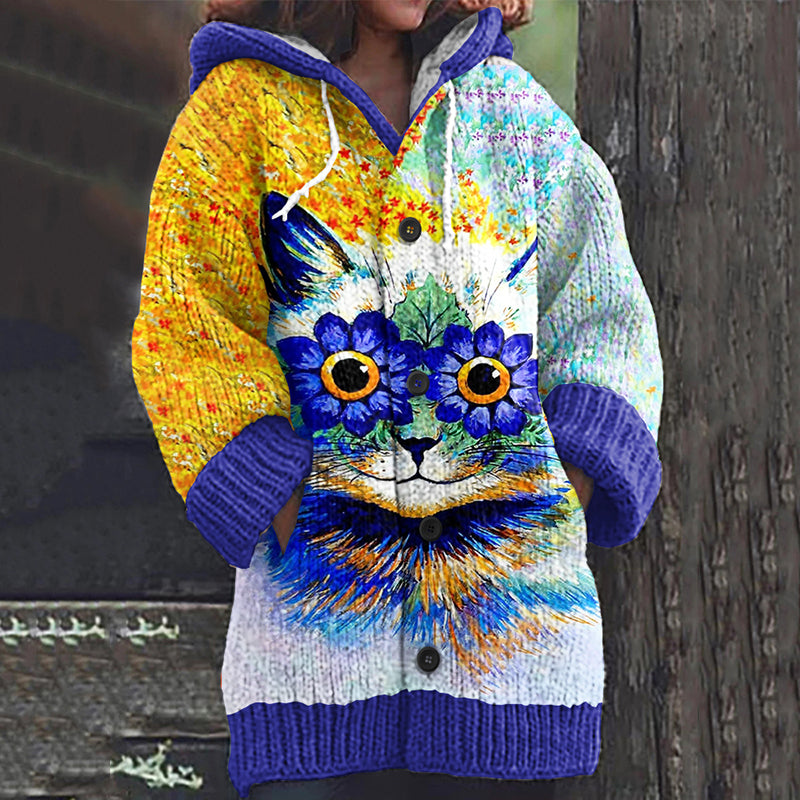 Multicolor Floral Cat Print Women's Knitted Sweater elevenforest
