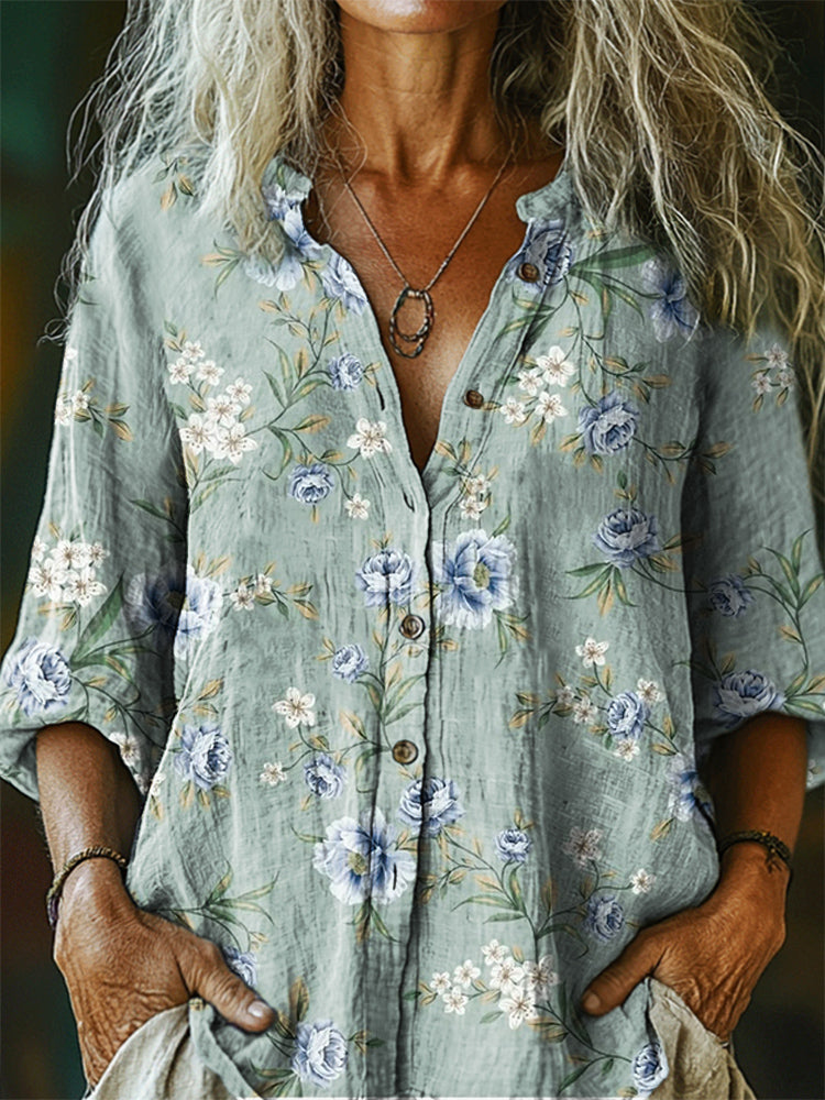 Floral Pattern Art Print Cotton Linen Casual Women's Shirt