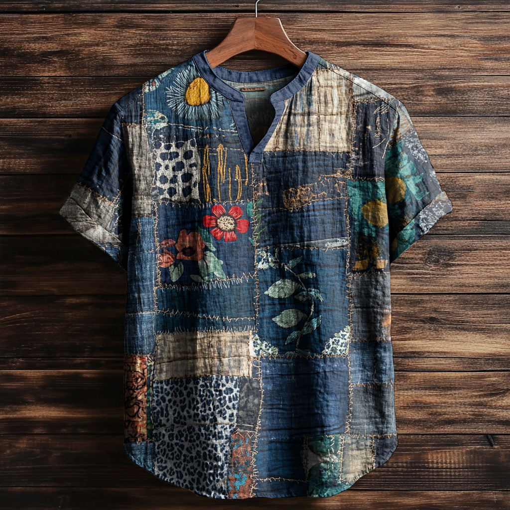 Men's Boho Floral Mosaic Contrasting Colors Vintage Shirt artswardrobe