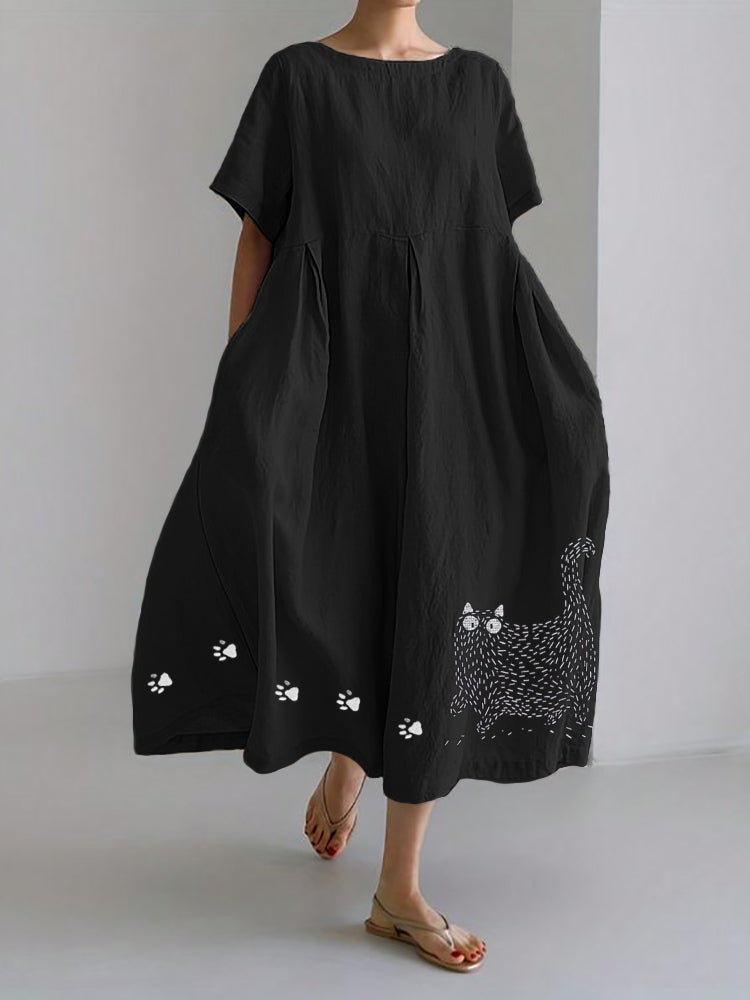 Fuzzy Cat & Paw Prints Embroidered Linen Blend Maxi Dress elevenforest